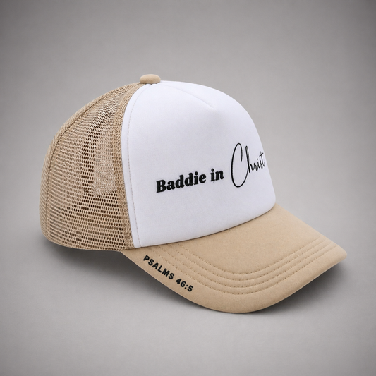 Baddie in Christ Beige Trucker Hat