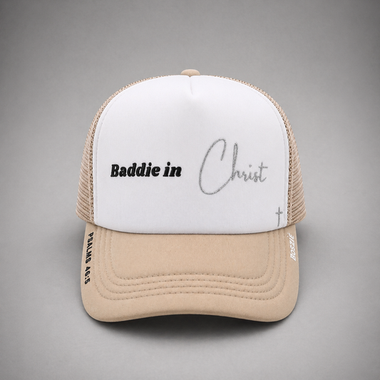 Baddie in Christ Beige Trucker Hat